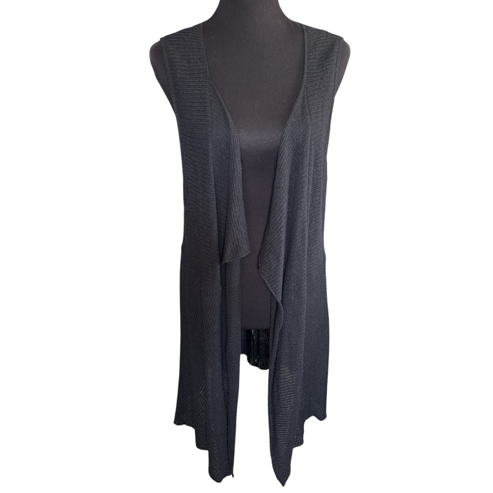 Eileen Fisher Black Washable Wool, Sleeveless, Longline Cardigan Sweater, Large
